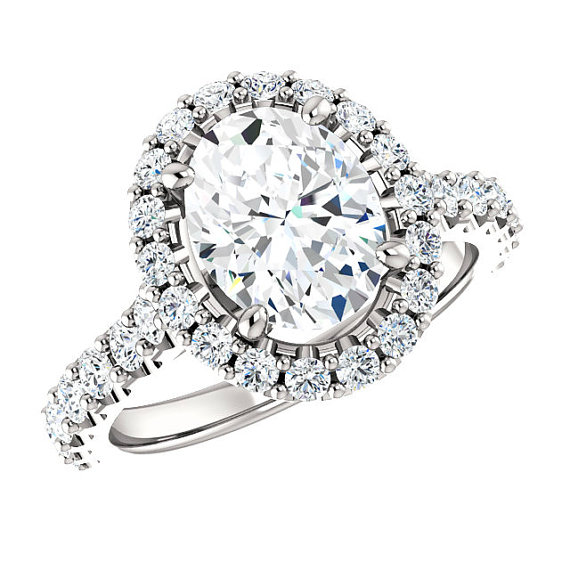 Hochzeit - 9x7mm Oval Forever One Moissanite & Diamond Halo Engagement Ring 14k White Gold, 18k or Platinum, Moissanite Engagement Rings for Women 2 CT