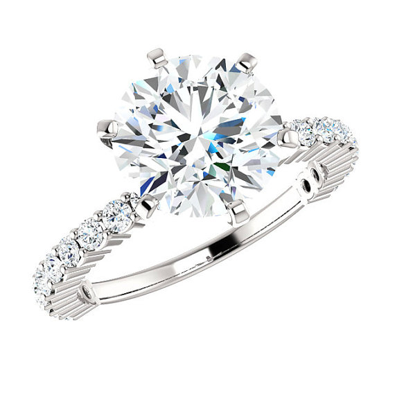 Hochzeit - 3 Carat (9mm) Forever One Moissanite & Diamond Shared Prong Engagement Ring 14k, 18k or Platinum, Moissanite Engagement Rings for Women 3ct
