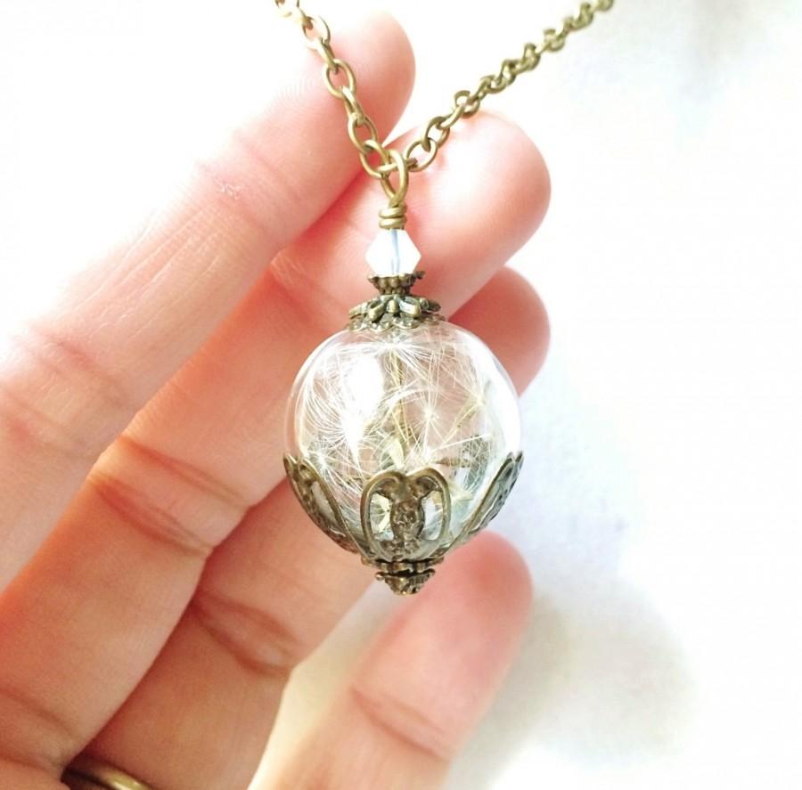 Wedding - Dandelion Seed Glass Orb Terrarium Necklace with an Opalescent Crystal, Small Orb In Bronze, Bridesmaid Gifts, Make A Wish Necklace