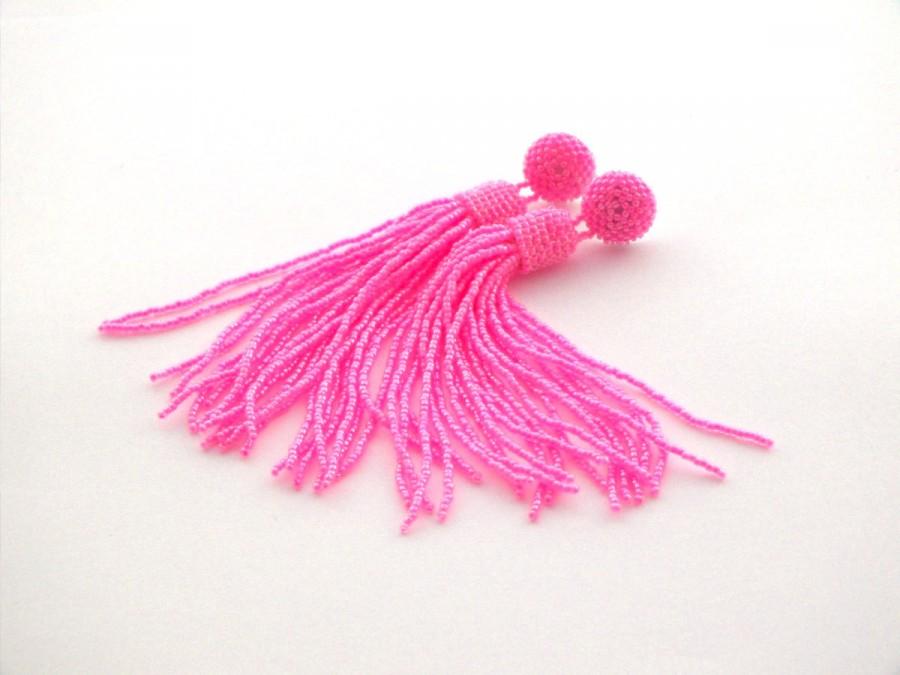 Wedding - Hot pink beaded tassel earrings- tassle clip on earrings- statement seed beads earrings- long fringe bridesmaid earrings- graduation gifts