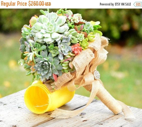 Wedding - 1DAYSALE Live Succulent Bouquet Bridal Bridesmaid with Burlap and Brooch- Replant