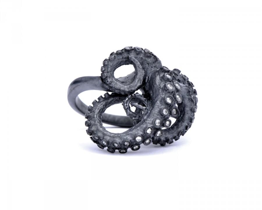 Wedding - Diamond Tentacle Sculpture Ring in Black Silver