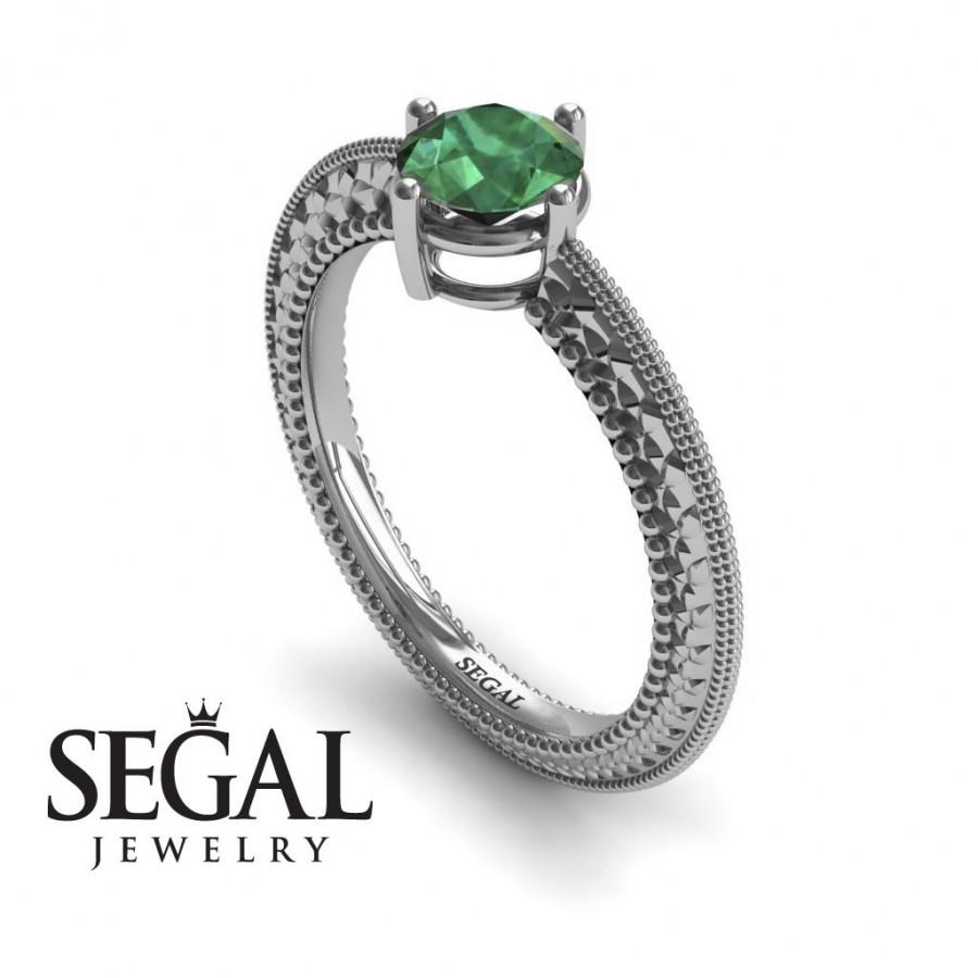 Wedding - Unique Engagement Ring 14K White Gold Vintage Victorian Ring Edwardian Ring Green Emerald - Alexandra Vintage Engagement Ring