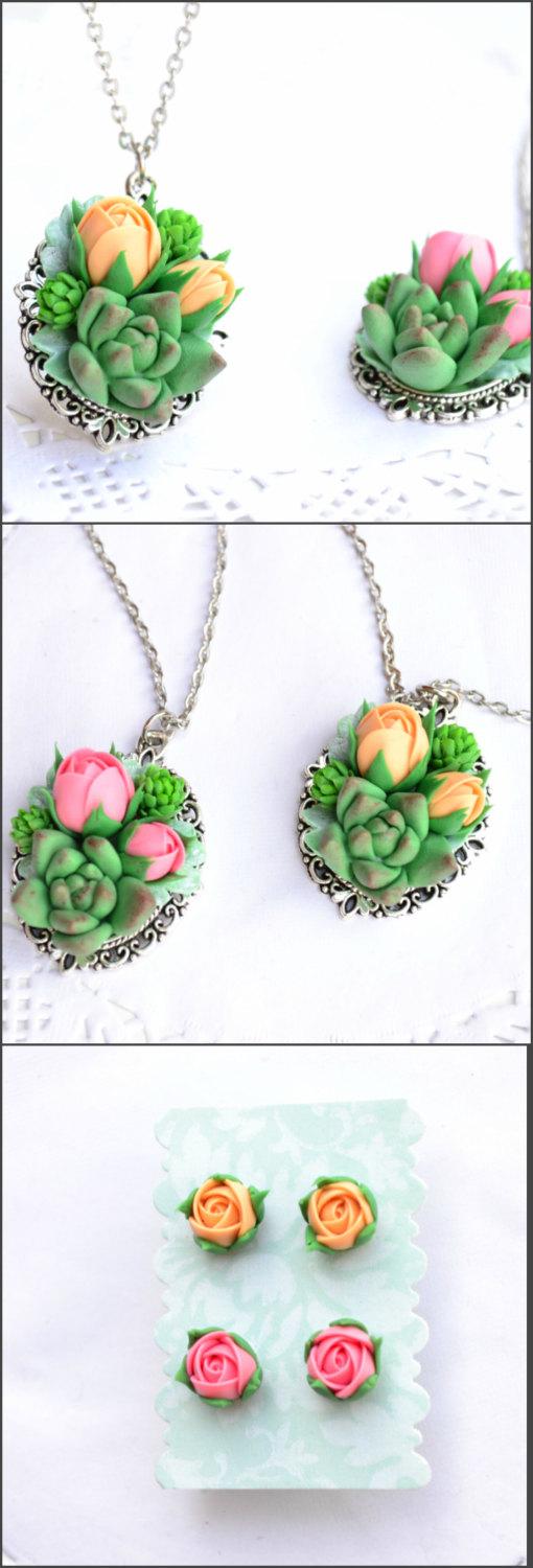 Mariage - Succulent necklace set. Succulent roses jewelry. Planter necklace jewelry set. Rustic necklace jewelry
