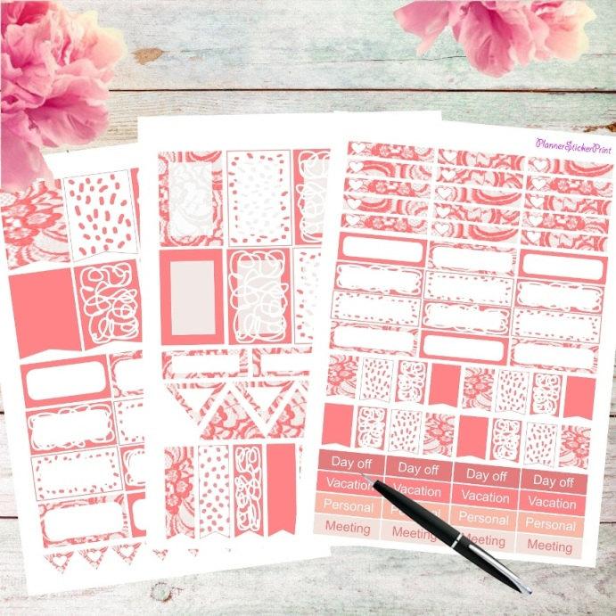 Wedding - Printable Planner Stickers, Erin Condren Planner Stickers, ECLP Stickers, Monthly Planner Stickers, Colorful Stickers coral red lace