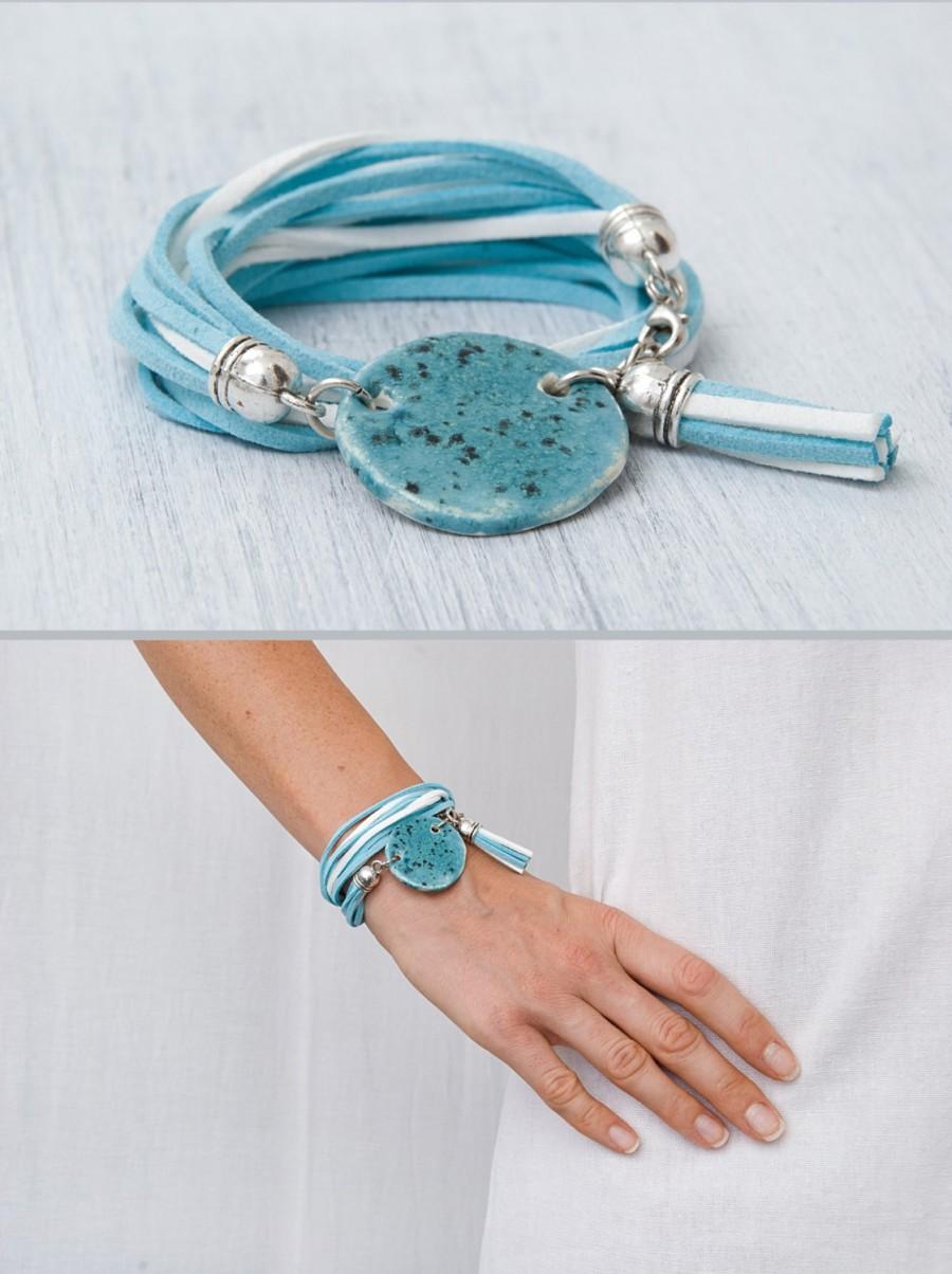 Wedding - Blue ceramic bead bracelet Black dotted bead bracelet Charm bracelet Ceramic geometric jewelry Handmade porcelain jewelry Tassel bracelet