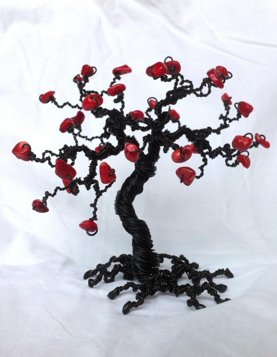 زفاف - Red coral wire wrapped tree of life sculpture, Mini Tree Decor, Beaded Wire Tree, Free shipping