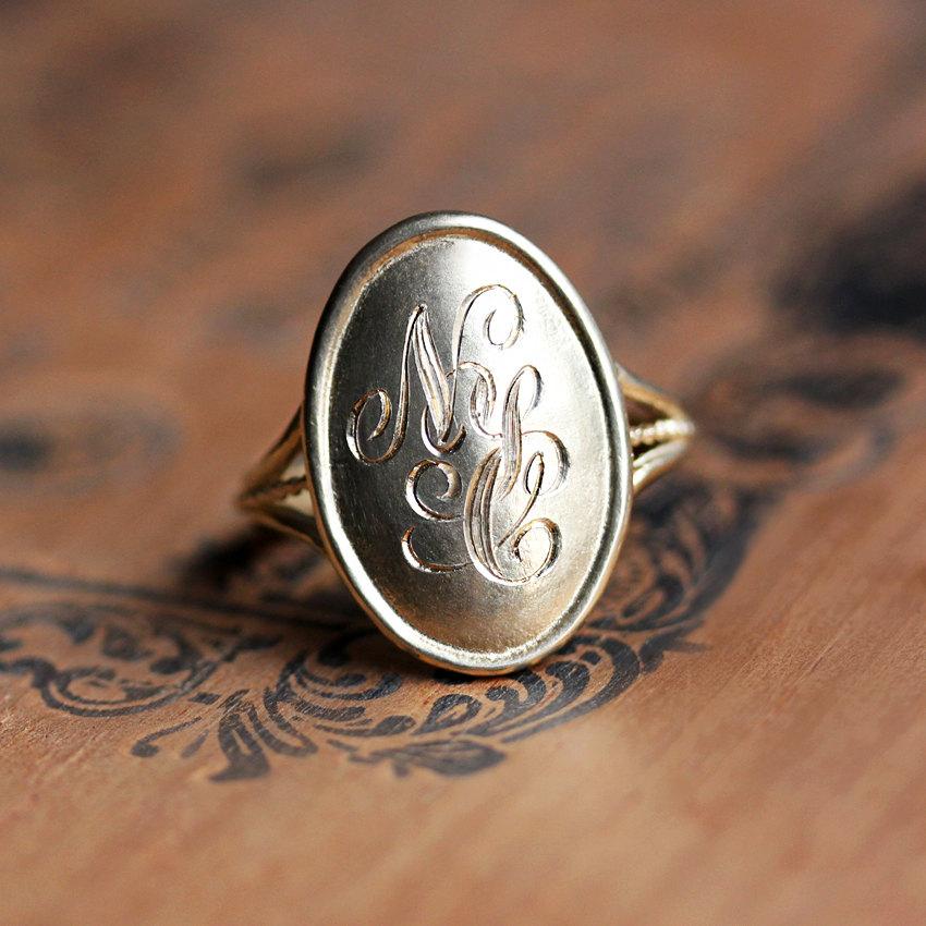 Свадьба - 14k gold monogram ring, gold initial ring, personalized monogram ring, engraved ring gold, personalized gift, nyc ring, ready to ship size 8