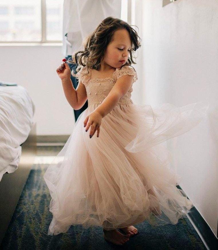 Hochzeit - RUE DEL SOL blush flower girl dress French lace and silk tulle dress for baby girl blush princess dress