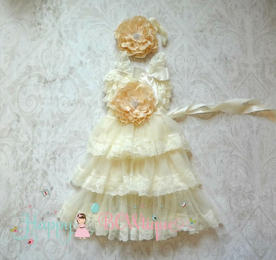 Wedding - Rustic Flower girls dress- Ivory Champagne Flower dress set, Baby Girls' Dress,Ivory Dress,Girls Fall Country Dress,Baby Girls Pageant dress