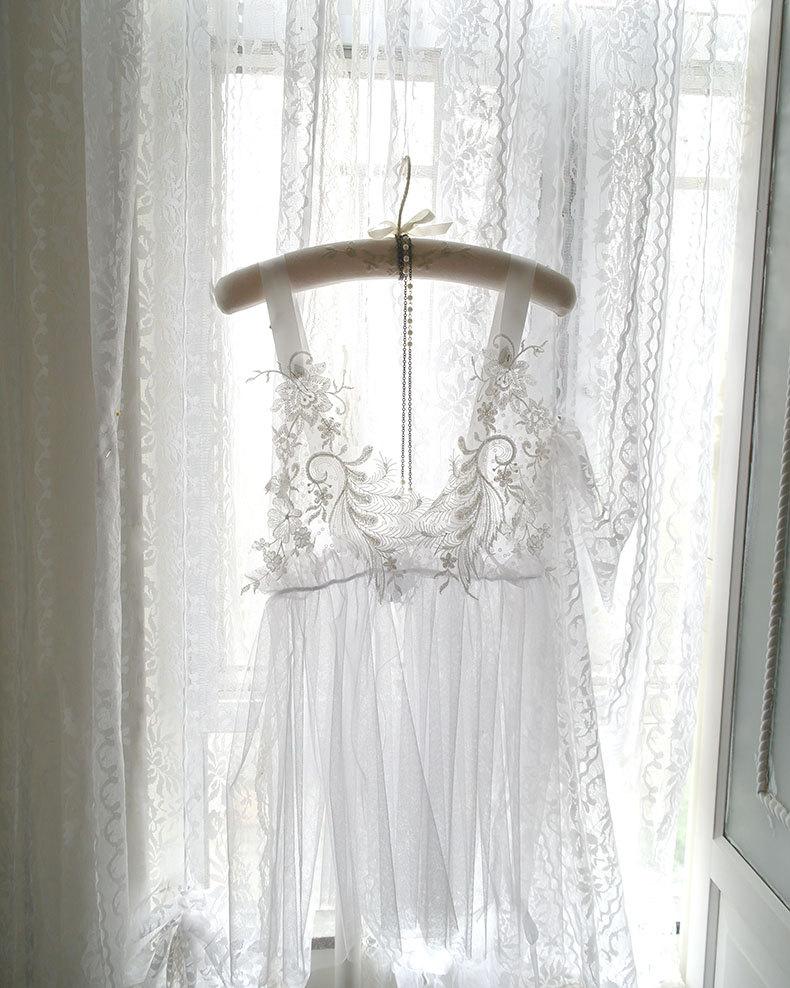 زفاف - Bridal Wedding Lace Embroidery NightGown Angel Sheer See Though Slip Dress Night gown ,Sexy Lingerie Wedding Lingerie Sleepwear Honeymoon