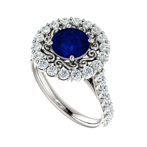 زفاف - 1.70 ct (7mm) Blue Sapphire & Diamond Halo Vintage Style Engagement Ring 14k White Gold, 18k or Platinum, Sapphire Anniversary Rings Etsy