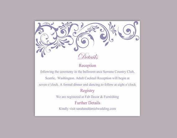 Hochzeit - DIY Wedding Details Card Template Editable Word File Instant Download Printable Details Card Purple Details Card Elegant Information Cards