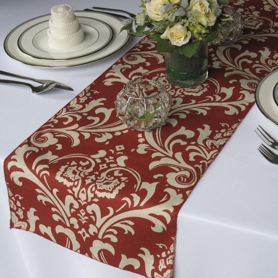 Wedding - Traditions Dark Red (light burgundy) and Taupe Damask Wedding Table Runner