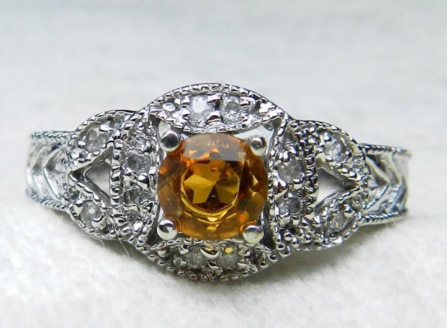 Mariage - Engagement Ring Art Deco Engagement Ring Citrine Ring Round Cut Citrine 0.33ct 14k gold Unique Engagement Ring Diamonds November Birthstone