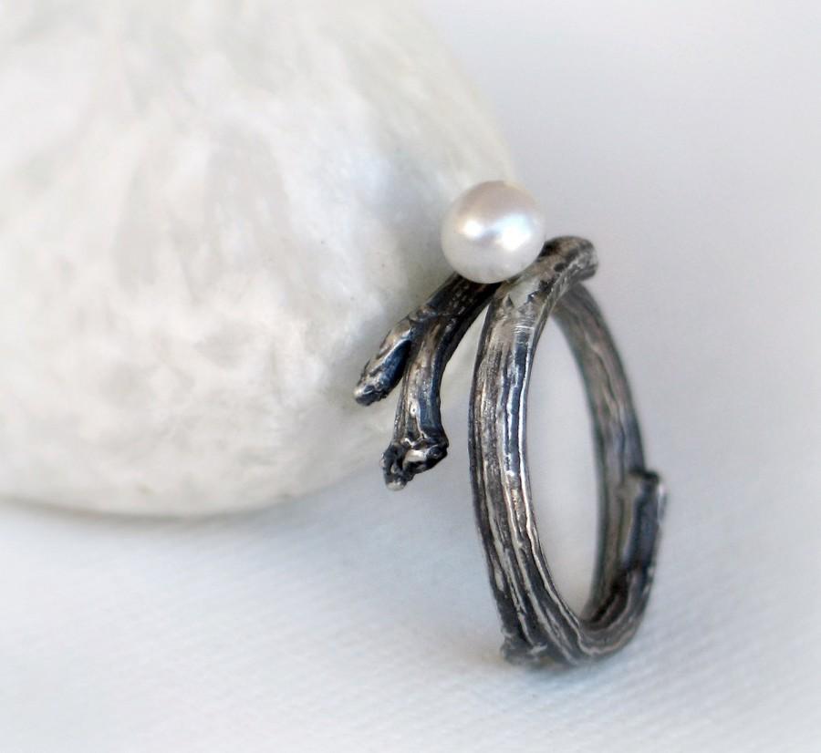 Wedding - Branch Sterling Silver Oxidized Ring with Freshwater Pearl