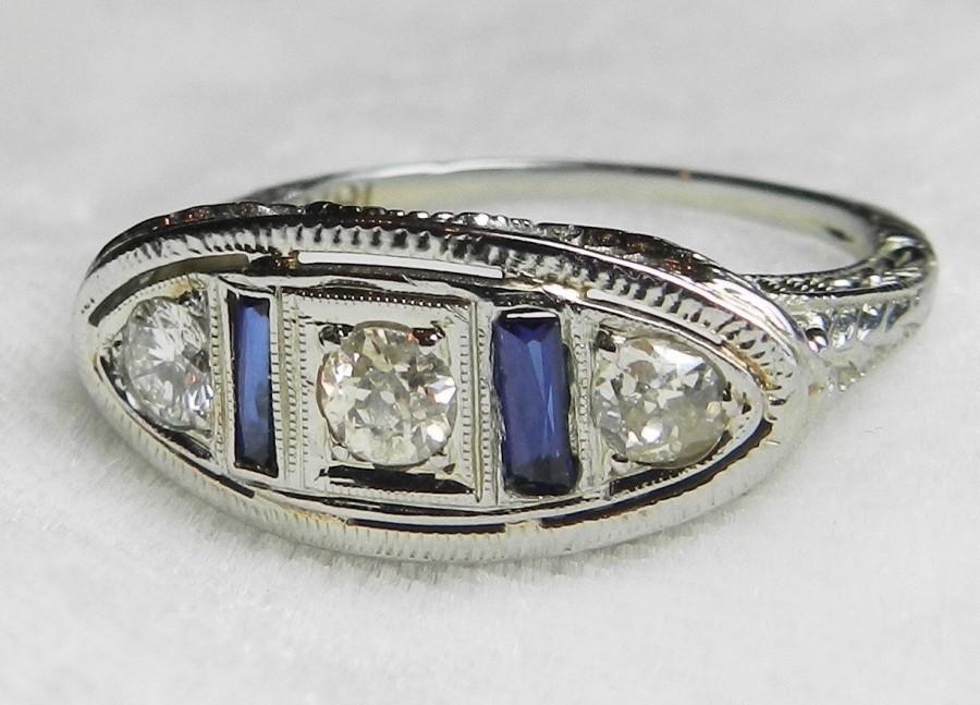 Hochzeit - Art Deco Engagement Ring Antique Fleur e Lis Past Present Future 18k Filigree Diamond Ring 1920s 0.50cttw diamond 0.20cttw sapphires