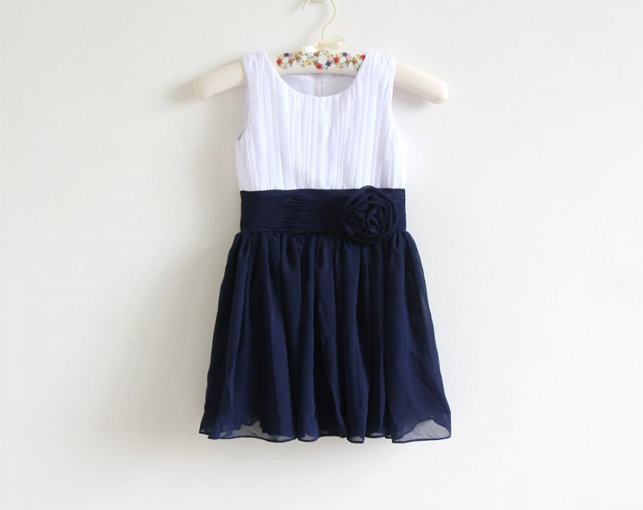 زفاف - White Navy Flower Girl Dress with Flower Chiffon Navy Blue Knee-length Flower Girl Dress