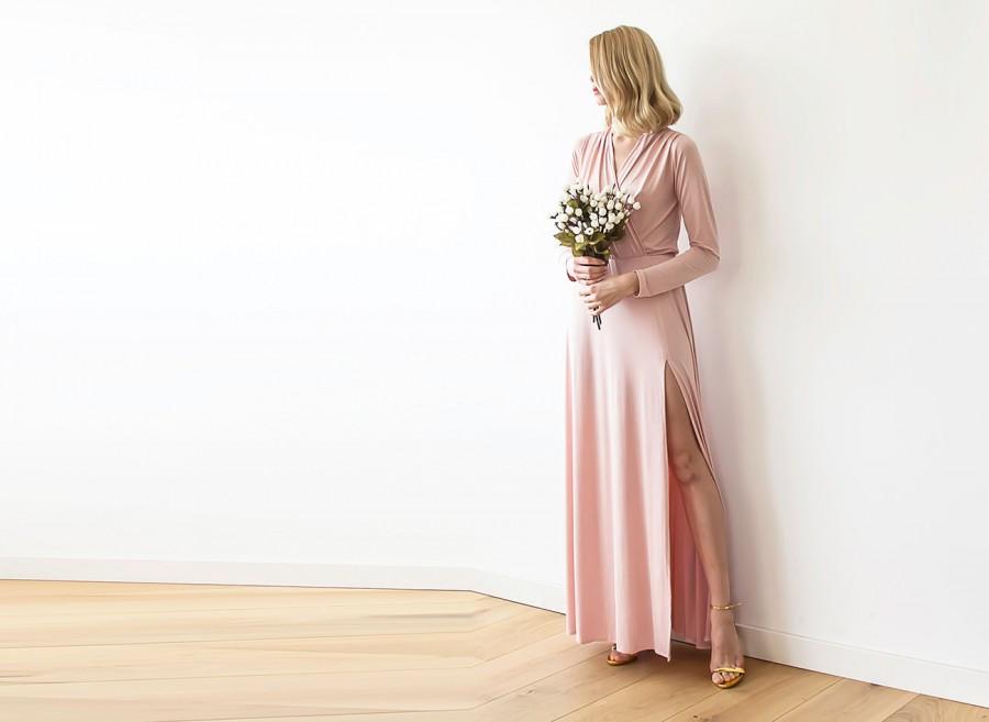 Свадьба - Maxi pink Blush bridesmaids dress with slit , Maxi pink gown with long sleeves