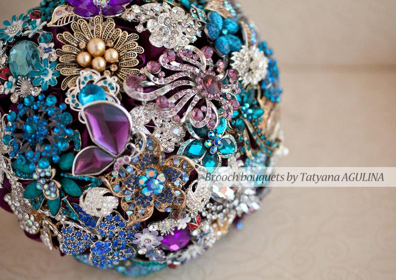 Свадьба - Brooch bouquet. Purple, Teal and Gold wedding brooch bouquet, Jeweled Bouquet. Made upon request