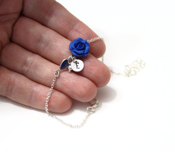 Hochzeit - Blue Rose Personalized Initial Disc Bracelet, Bracelet, Blue Bridesmaid Jewelry, Rose Jewelry, Bridal Flowers, Bridesmaid Bracelet
