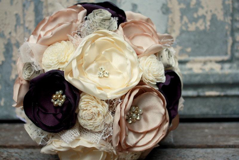 Hochzeit - Champagne and eggplant fabric flower bridal bouquet, Plum wedding bouquet with vintage sheet music, burlap and sola flowers