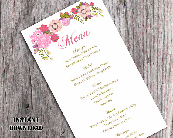 Hochzeit - Wedding Menu Template DIY Menu Card Template Editable Text Word File Instant Download Pink Menu Floral Menu Template Printable Menu 4x7inch