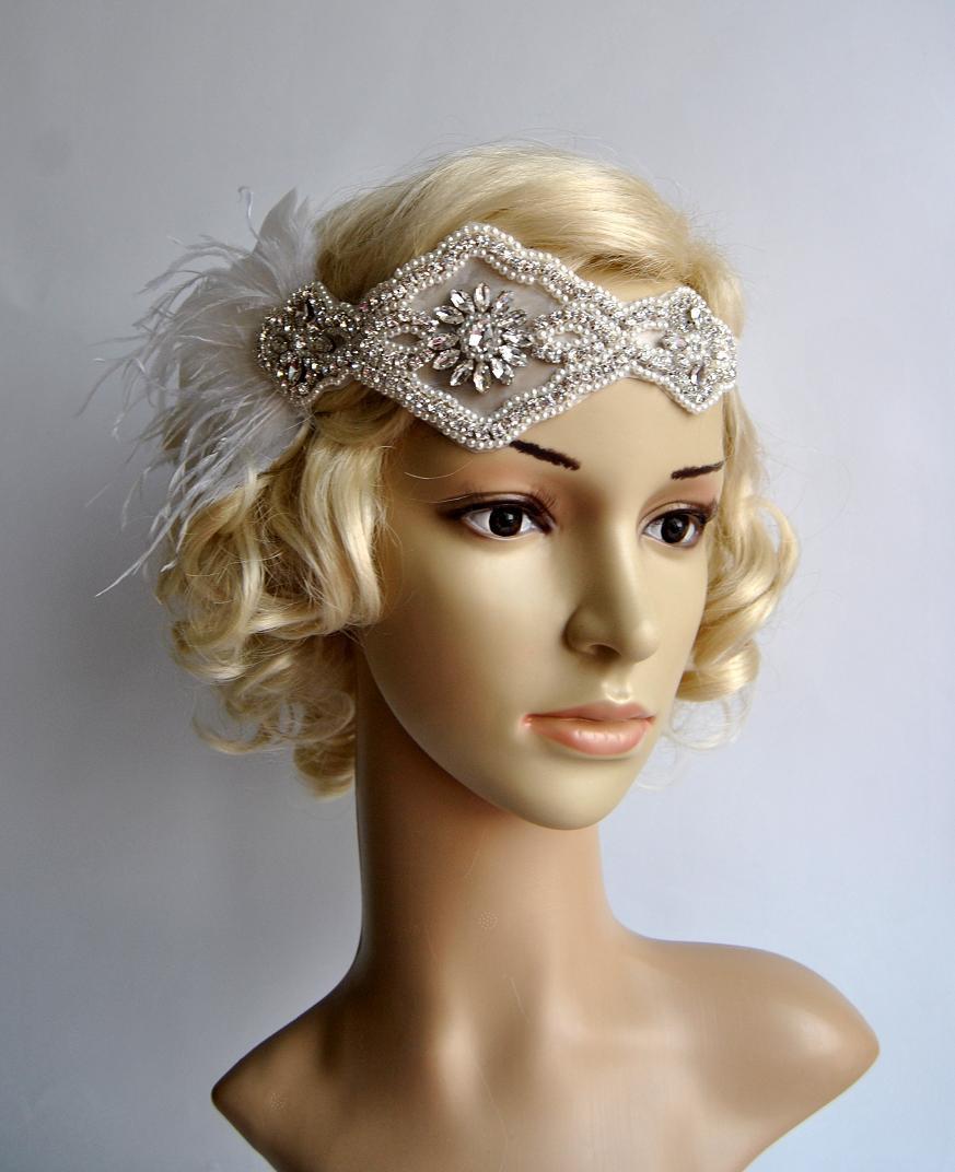 زفاف - Rhinestone pearls feather flapper Gatsby Headband,Wedding Headband,Crystal Headband,Wedding Headpiece,Bridal Headpiece,1920 Flapper headband