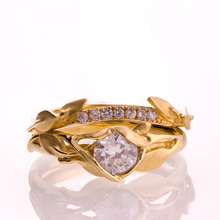Wedding - Leaves Engagement Set - 14K Gold and Diamond engagement ring, engagement ring, leaf ring, wedding set, engagement set, leaf rings set,