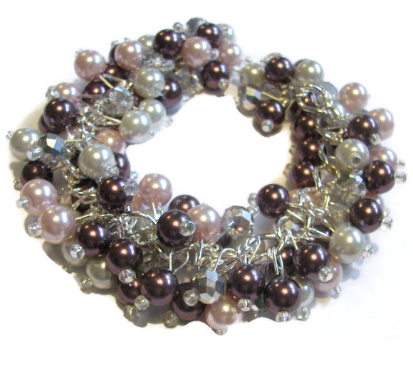 زفاف - Bridesmaid Bracelet Plum Pink Silver Pearl and Silver Crystals,  Chunky Plum Pearl Wedding Jewelry, Prom Jewelry, Pearl Cluster Bracelet