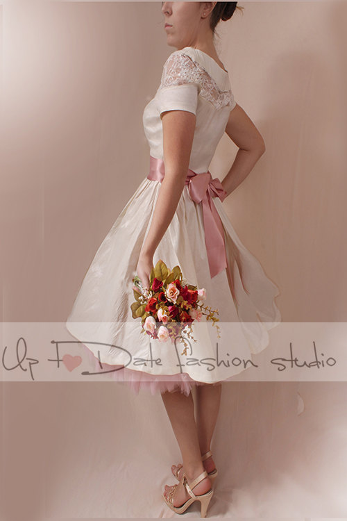 زفاف - Wedding short /reception/ ivory taffeta /party /prom /graduation/ dress+blush pink petticoat