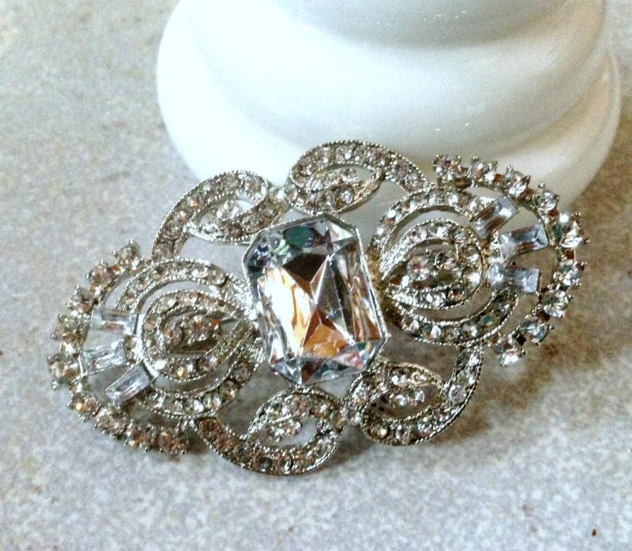 Hochzeit - Silver Rhinestone Flatback Embellishment or Pin Clear Rhinestone Broach Crystal Art Deco Rhinestone Brooch Headband 1920s Style DIY SC16
