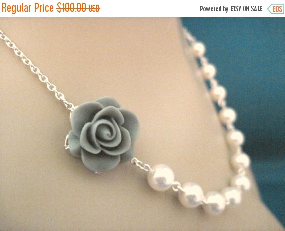 Wedding - Bridesmaid Jewelry Set of 5 Gray Beauty Rose and Pearl Bridal Necklaces