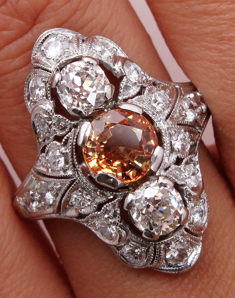 Wedding - Edwardian/Art Deco 2.61ct Orange Sapphire and Old Euro Diamond Engagement Anniversary Platinum Ring