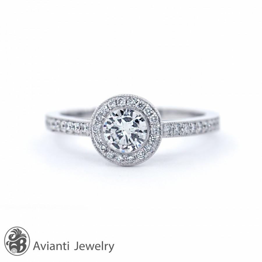 Wedding - Ring, Diamond Ring, 14 karat Engagement Ring, Diamond Engagement Ring with a Halo, White Gold Ring, Center Bezel Set Diamond Ring 