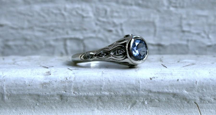 Wedding - Vintage 14K White Gold Diamond and Ceylon Sapphire Engagement Ring - 1.41ct.