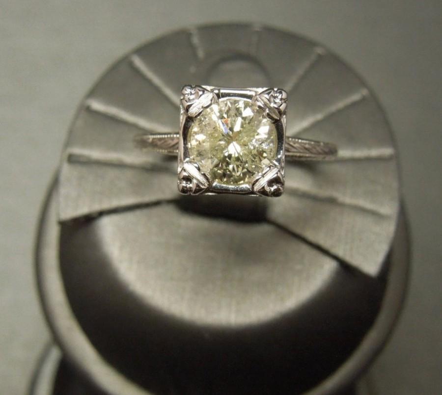 زفاف - Antique Estate C1940 14K White Gold Engraved 1.28ct Round Light Green Diamond Square Solitaire Engagement Ring I2