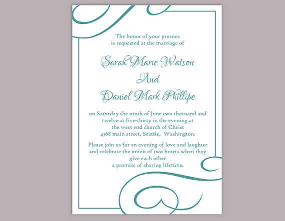 Wedding - DIY Wedding Invitation Template Editable Word File Instant Download Printable Invitation Blue Wedding Invitation Teal Wedding Invitation