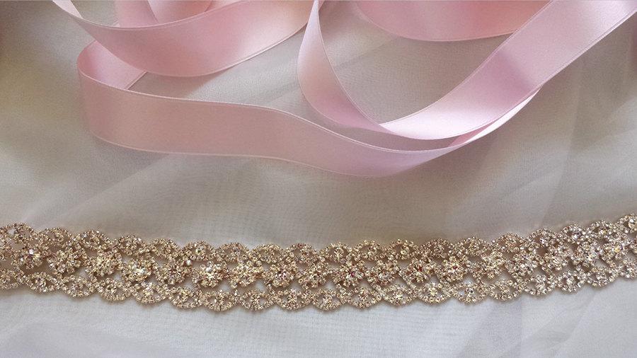 Wedding - Rose Gold Bridal Belt, Crystal Bridal Sash