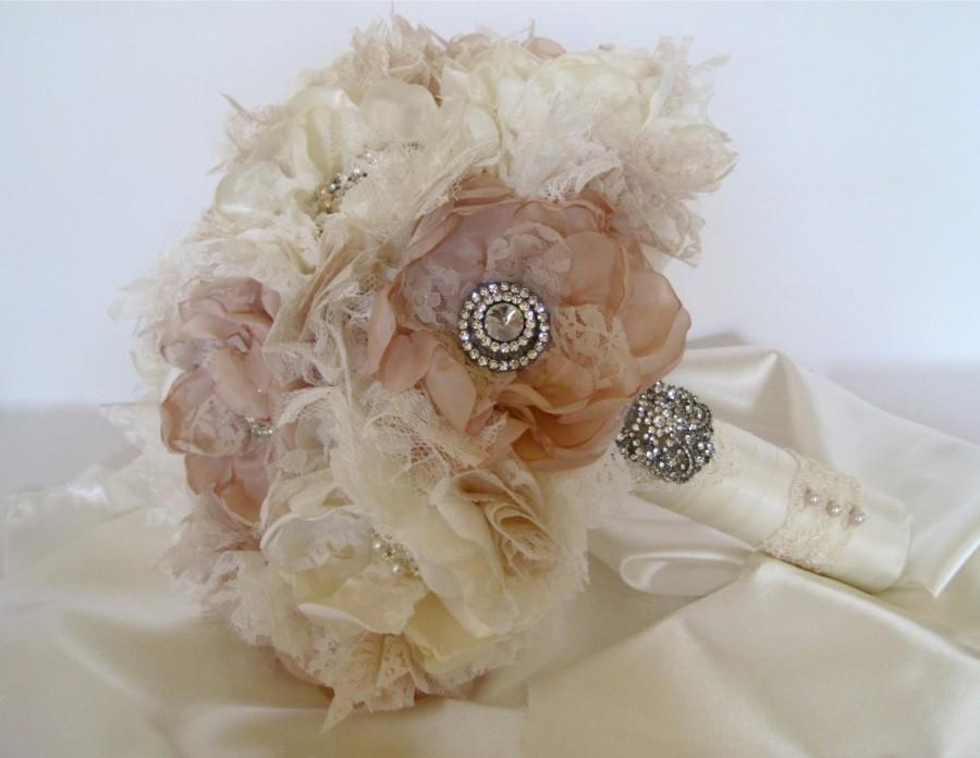 Wedding - Wedding Bouquet Romantic Vintage Inspired Fabric Flower Brooch Bouquet in Ivory and Champagne with Pearls Rhinestones and Lace Custom Made