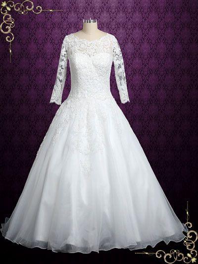 Mariage - Long Sleeves Lace Ball Gown Wedding Dress 