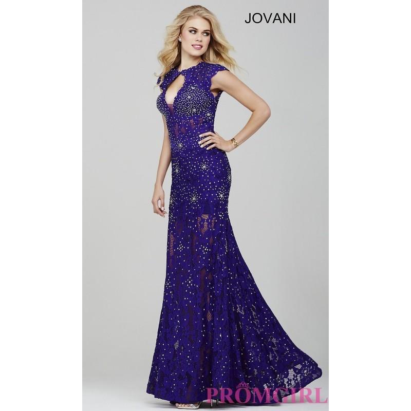 زفاف - Long Beaded Lace Keyhole Cap Sleeve Prom Dress by Jovani - Discount Evening Dresses 