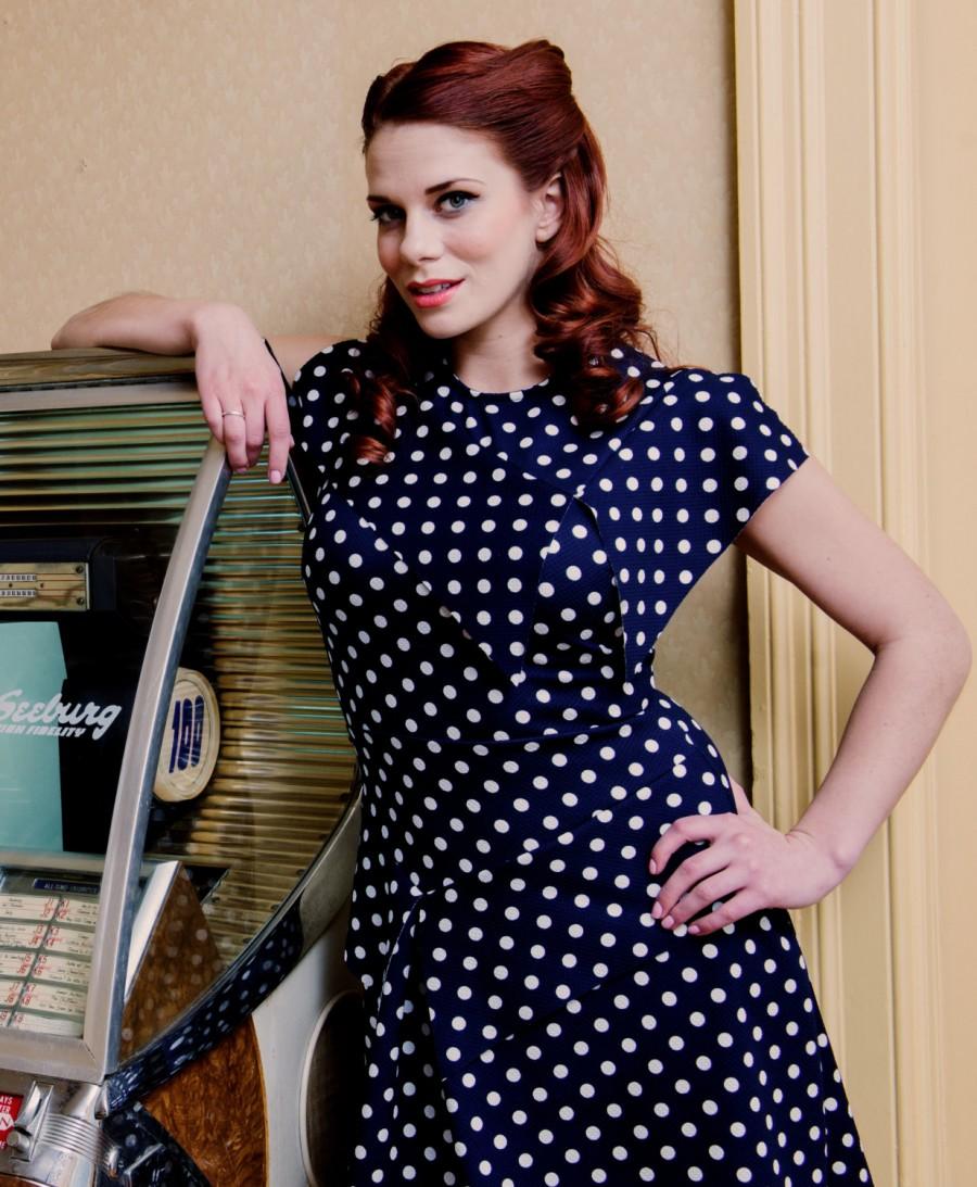 Mariage - Eleanor 1940's pinup vintage style dress in navy/white polka dot pique
