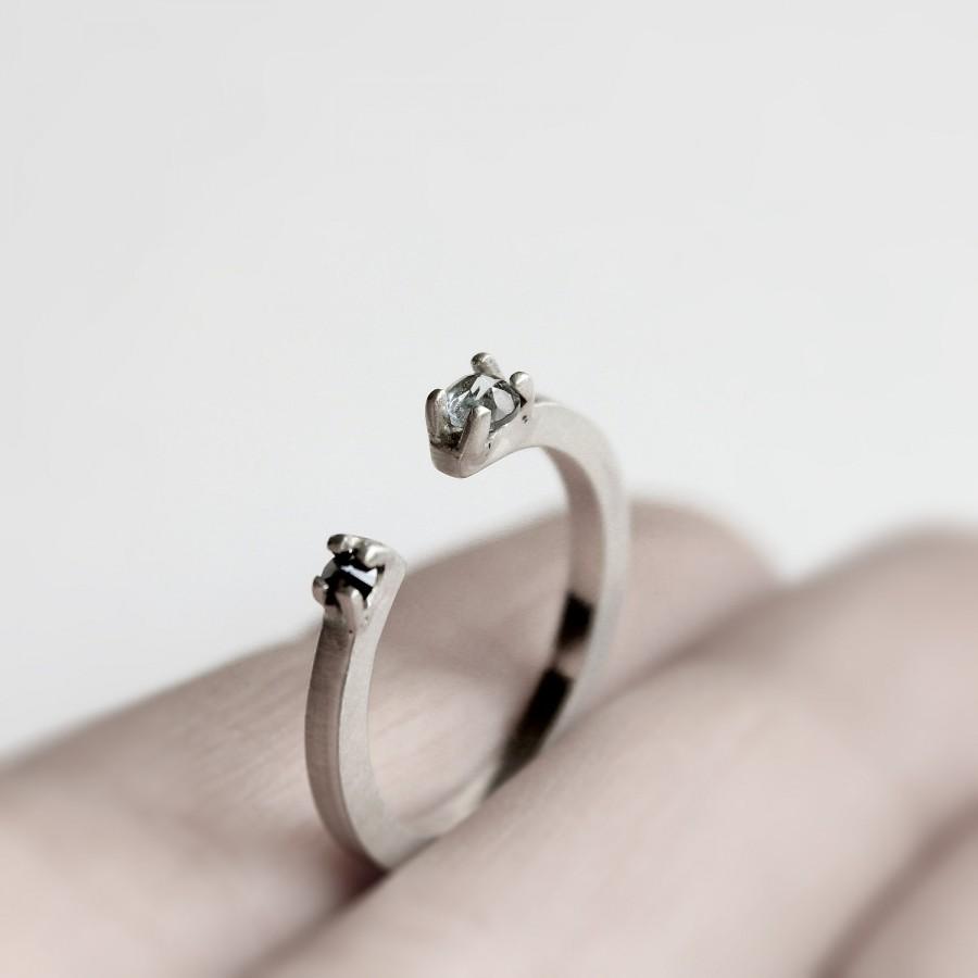 زفاف - Two . black diamond and aquamarine sterling silver ring