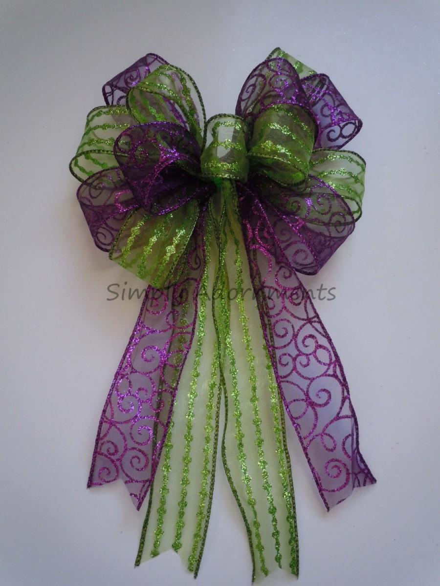 Свадьба - Purple Green Christmas Wreath Bow Glitter Purple Lime Christmas Door Swag Bow Purple Lime Wedding Pew Bow lime Purple filigree Christmas Bow