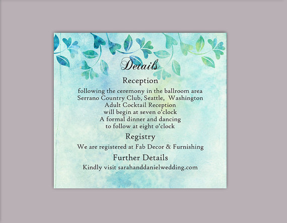 Hochzeit - DIY Rustic Wedding Details Card Template Editable Word File Download Printable Leaf Details Card Blue Details Card Floral Enclosure Card
