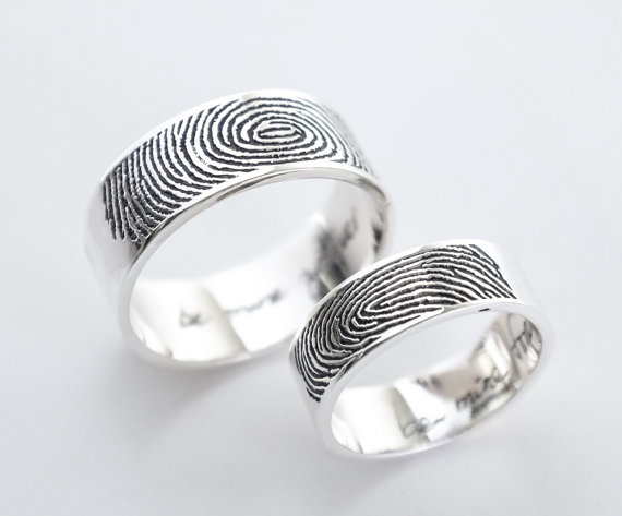 Свадьба - Set of 2 Actual Fingerprint and Handwriting Rings- Personalized Fingerprint Rings- Promise Rings - Couple Rings - Unique Gift