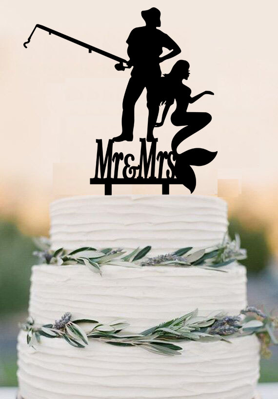 زفاف - Destination Beach Wedding/ Fisherman and Mermaid /Hooked on Love cake topper/ Custom Wedding Cake Topper/ Acrylic party decoration