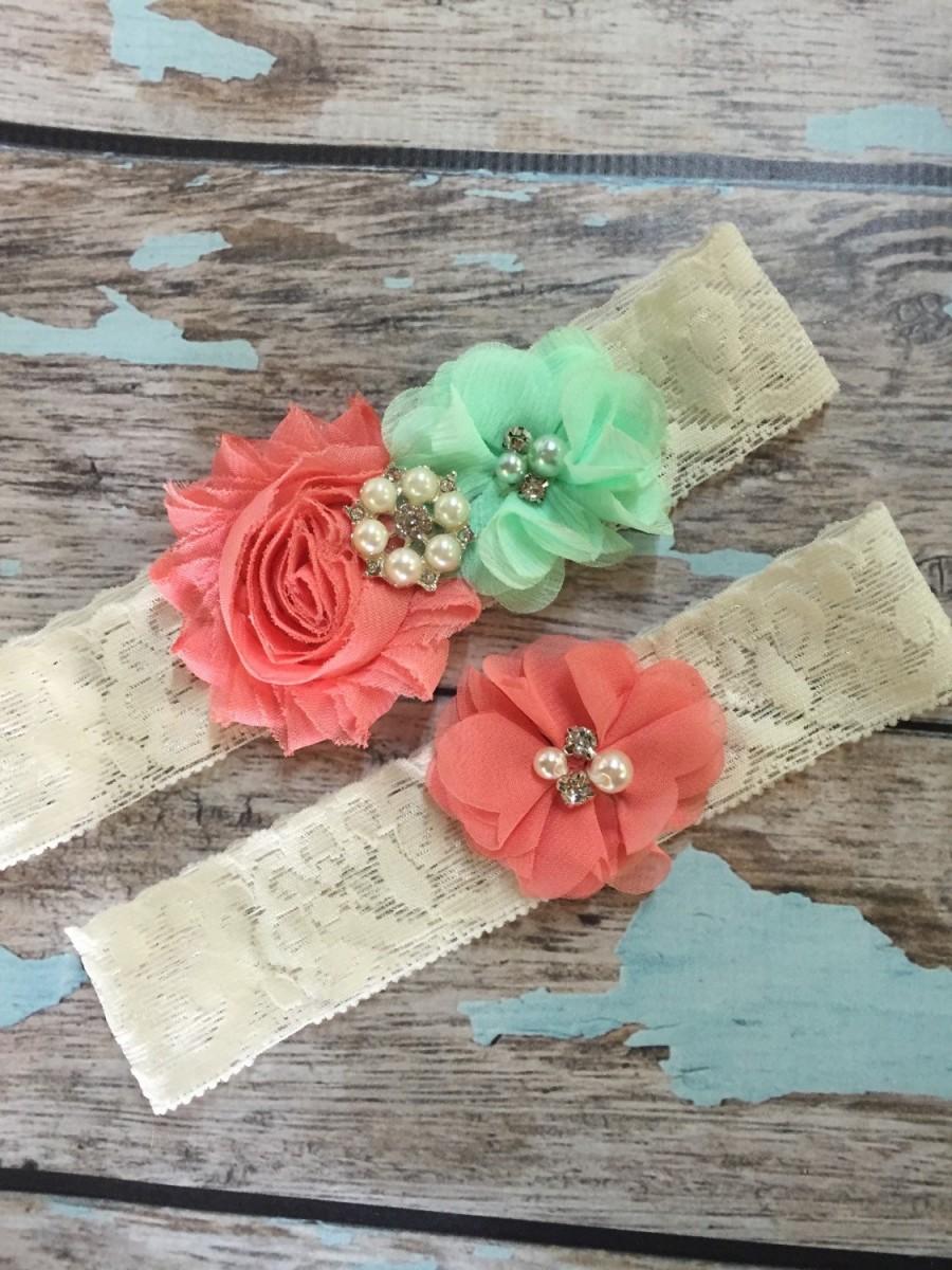 زفاف - Coral and Mint wedding garter set / bridal  garter/  lace garter / toss garter included /  wedding garter