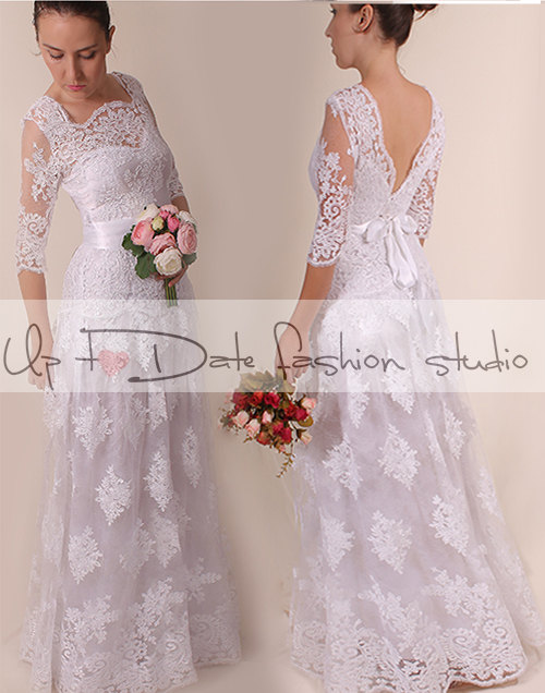 Wedding - Lace Wedding dress /Vneck & back/Recepion/ long /mаxi/ lace dress/ Bridal Gown 3/4 sleeve